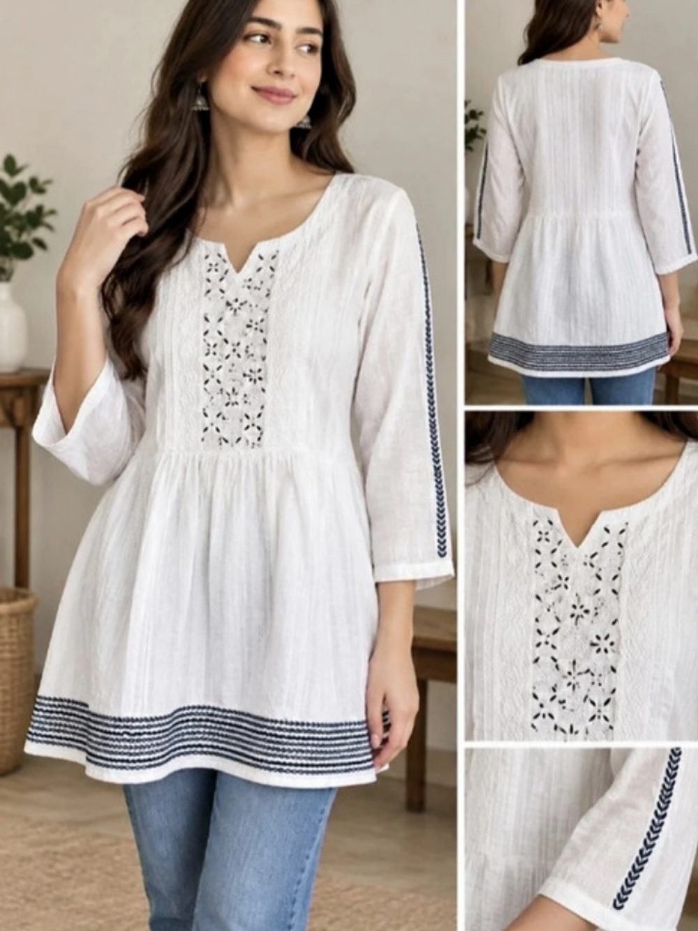 Expression India Embroidered Tunic in White & Blue Size Medium